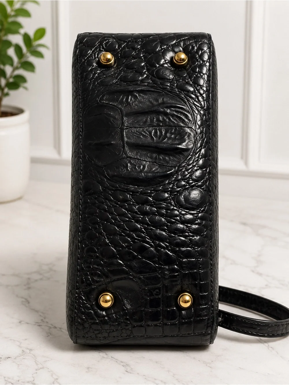 Vintage Brahmin Black Croc Embossed Leather Backpack Gold Hardware